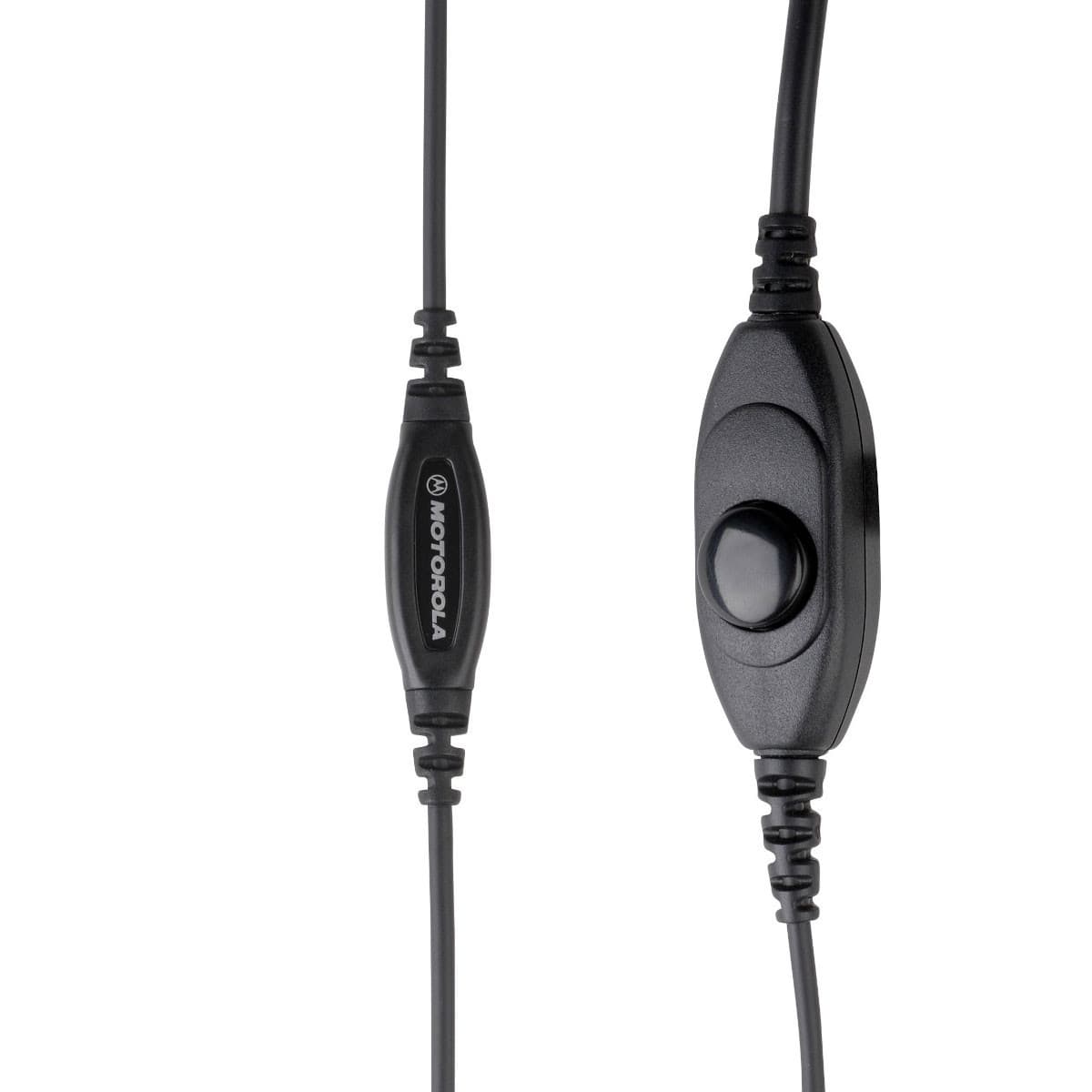 Detail: Na kabelu audio soupravy PMLN6541 viditelný nápis Motorola a PTT tlačítko pro vysílání.