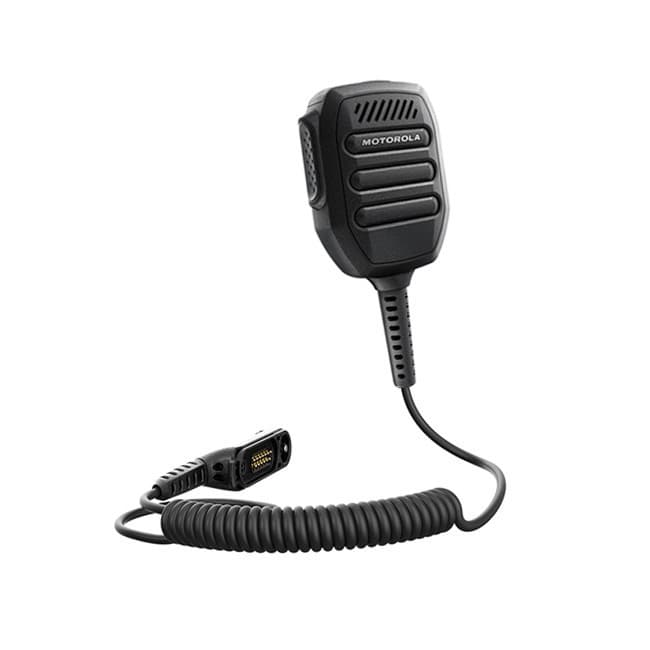 Čelní pohled na velký oddělený reproduktor s mikrofonem Motorola PMMN4140 IMPRES RM760 a propojovací kabel se zakončením.