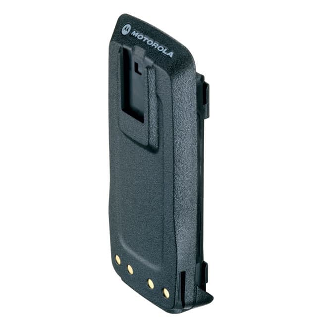 Černá NiMH baterie Motorola PMNN4104 s kapacitou 1430 mAh, pohled shora a z boku. Viditelné logo Motorola a zlaté kontakty na spodní části.