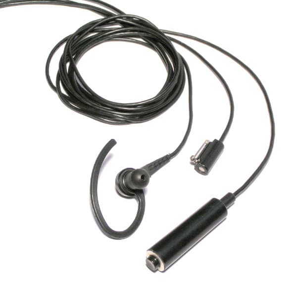 Přímý pohled na ergonomické sluchátko Motorola BDN6730 se silikonovou koncovkou, mikrofonem a PTT tlačítkem s klipem.