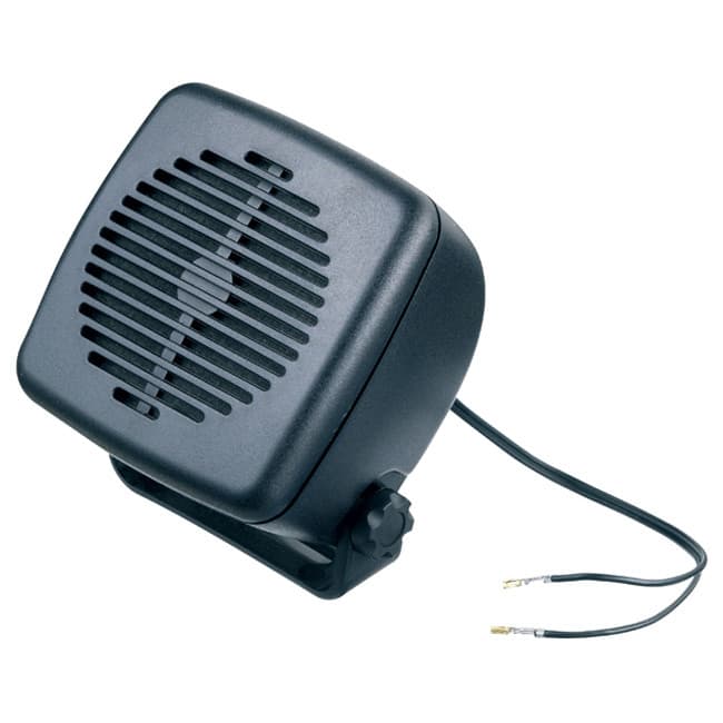 Černý externí reproduktor Motorola RSN4004 (5W) zepředu shora, vidět mřížka s logem Motorola, montážní držák a kabely s konektory.