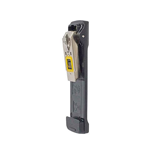 Černý vibrační klips na opasek Motorola PMLN7296 2.5" viděný z boku, s detailem stříbrného mechanismu uchycení na opasek.