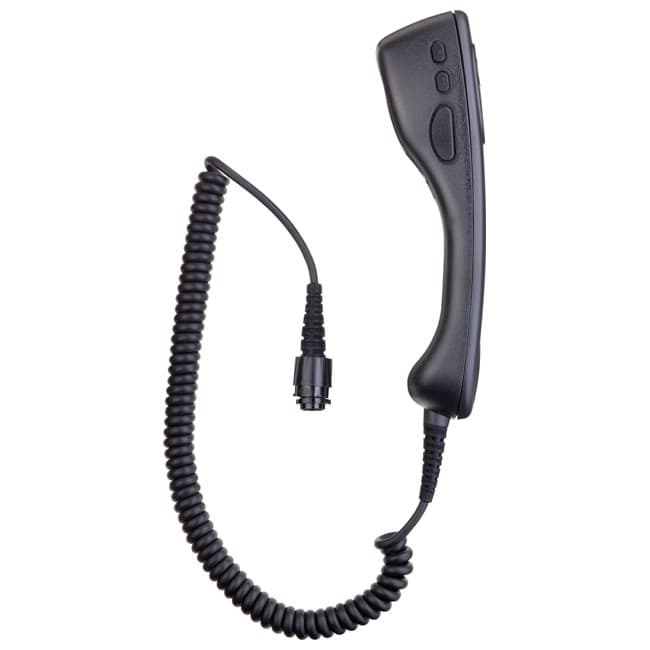 HMN4098 sluchátko Motorola s mikrofonem a PTT z bočního pohledu. Viditelný kroucený kabel a konektor.