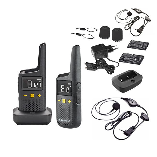 Kompletní balení radiostanice Motorola XT185 PMR446 – dvě vysílačky, nabíjecí stanice, nabíječka, akumulátory, dvě handsfree sady PMLN8304.