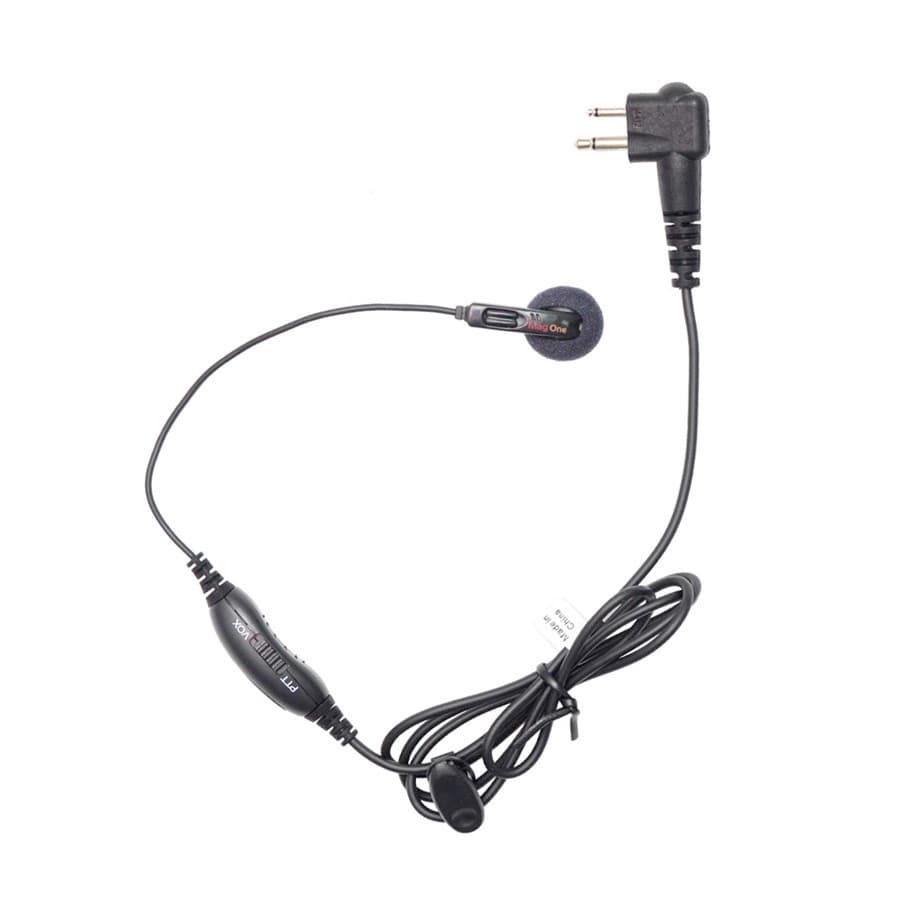 Sluchátko do ucha PMLN6534 s PTT mikrofonem pro radiostanice Motorola, kompletní pohled shora na bílém pozadí.