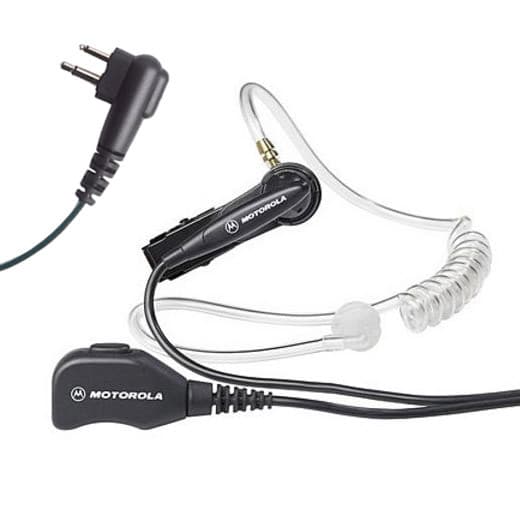 Detail sluchátka Motorola MDPMLN4606 shora, viditelný konektor, mikrofon s PTT a průhledný akustický zvukovod.