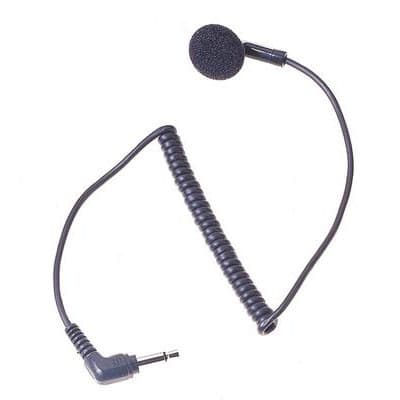 Detailní pohled shora na sluchátko MDRLN4885, viditelná mikrofonní pěna a spirálový kabel vedoucí k jack konektoru.