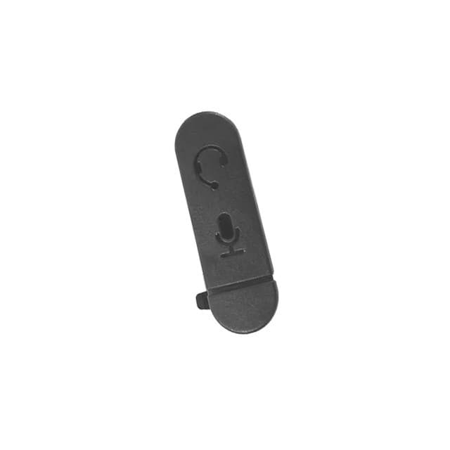 Detail černého plastového krytu audio konektoru radiostanice Motorola DP1400 zepředu, viditelné symboly sluchátek a mikrofonu.