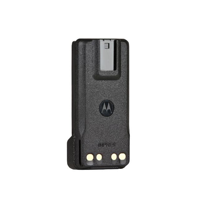 Černá baterie Motorola IMPRES PMNN4418 LiIon 2250 mAh z předního pohledu, viditelný konektor pro uchycení a nabíjecí kontakty.