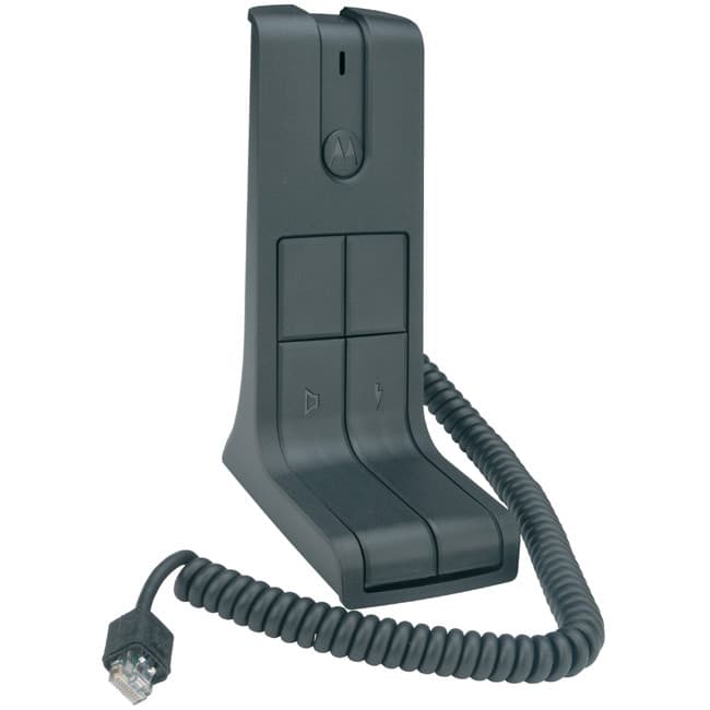 Stolní mikrofon Motorola RMN5068 zprava, ukazující černý kroucený kabel a RJ-45 konektor.