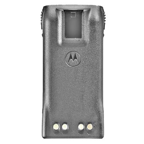 Čelní pohled na šedou baterii Motorola PMNN4151AR (HNN9008) NiMH 1300 mAh s logem a třemi zlatými kontakty.