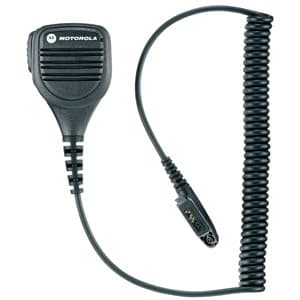 Černý ruční mikrofon Motorola MDPMMN4023 s kruhovým reproduktorem a 2,5mm konektory, pohled shora na celý produkt.