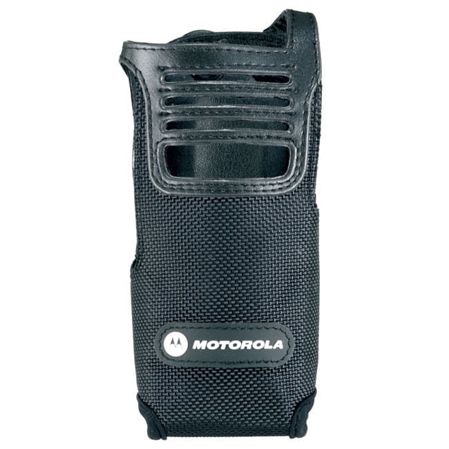 Přední pohled na černé nylonové pouzdro Motorola PMLN5024, prořezávaná část shora, logo Motorola uprostřed.