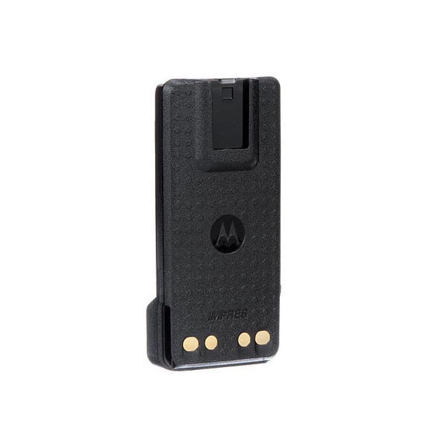 Pohled z boku na černou baterii Motorola PMNN4491 Li-ion 2100 mAh s texturou, zlatými kontakty a logem Motorola.