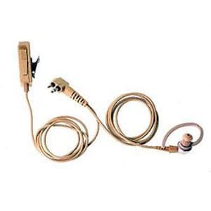 HMN9754 Sluchátko do ucha s mikrofonem PTT, pohled shora na sluchátko, kabel, lomený konektor a klip s PTT tlačítkem.