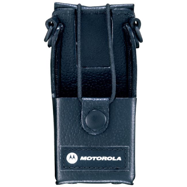 Kožené pouzdro Motorola RLN5384 zepředu, s viditelným logem Motorola na černé kožené nášivce a stahovací šňůrkou.