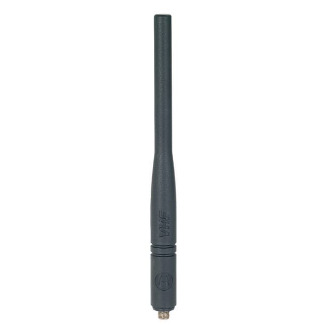 Černá VHF helikální anténa PMAD4118 Motorola zepředu, viditelný závitový konektor, logo Motorola a nápis VHF.