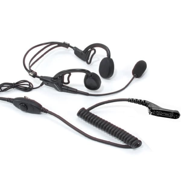 Kompletní temenní audio souprava Motorola PMLN5101 s mikrofonem na rameni, sluchátky přes ucho a kabelem s konektorem pro radiostanici.