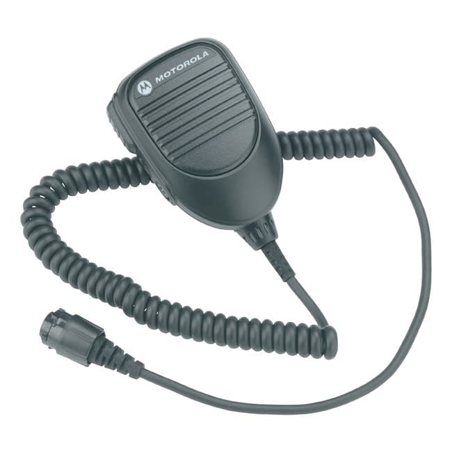 Detail RMN5053 kompaktního Smart ručního mikrofonu Motorola shora, viditelný spirálový kabel a konektor.