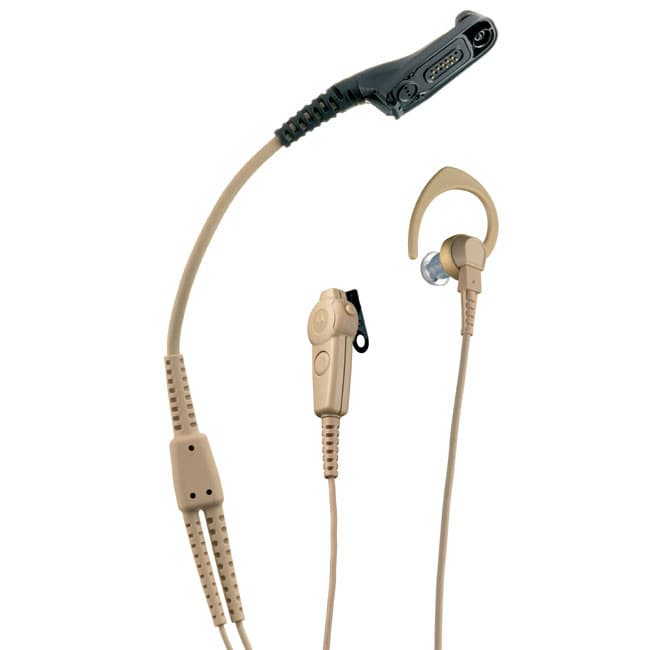 Motorola RLN5881, béžové sluchátko do ucha s mikrofonem s PTT tlačítkem a radiokonektorem UHF/VHF, zobrazené z horního pohledu.