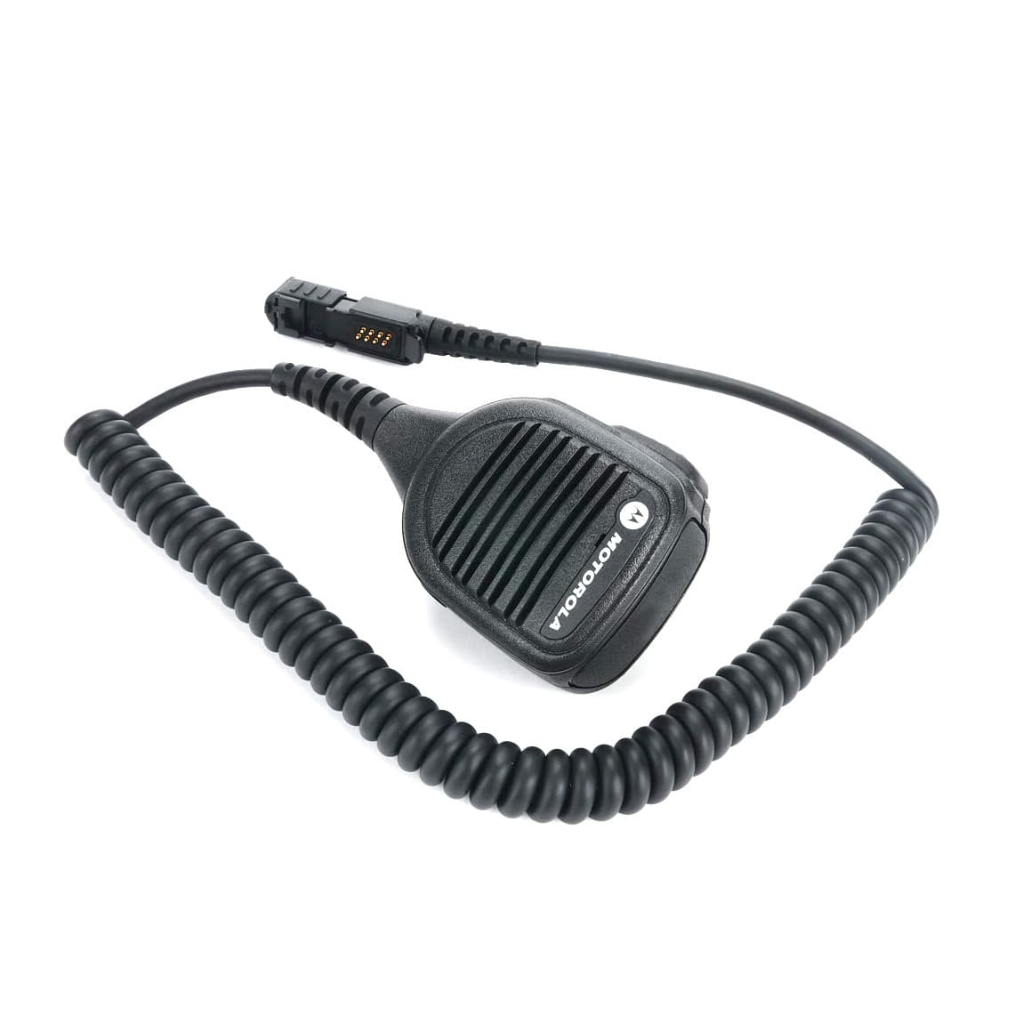 Šikmý pohled shora na robustní oddělený reproduktor s mikrofonem Motorola PMMN4071 s vinutým kabelem a konektorem.