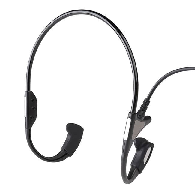 Pohled zblízka na temenní audio soupravu Motorola PMLN6541, ukazující sluchátka a částečně hlavový most.