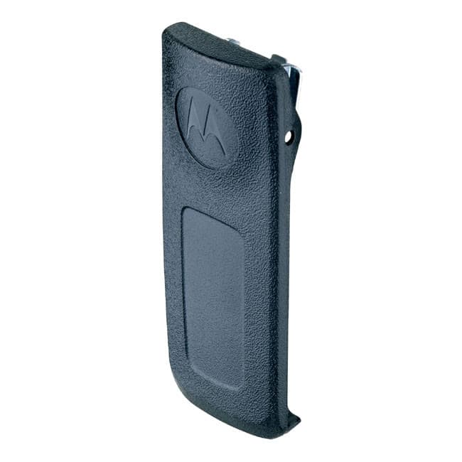 Detail PMLN4651 Klips 2 na opasek, černý, hrubá textura materiálu. V popředí logo Motorola a pod ním obdélníkový prolis.
