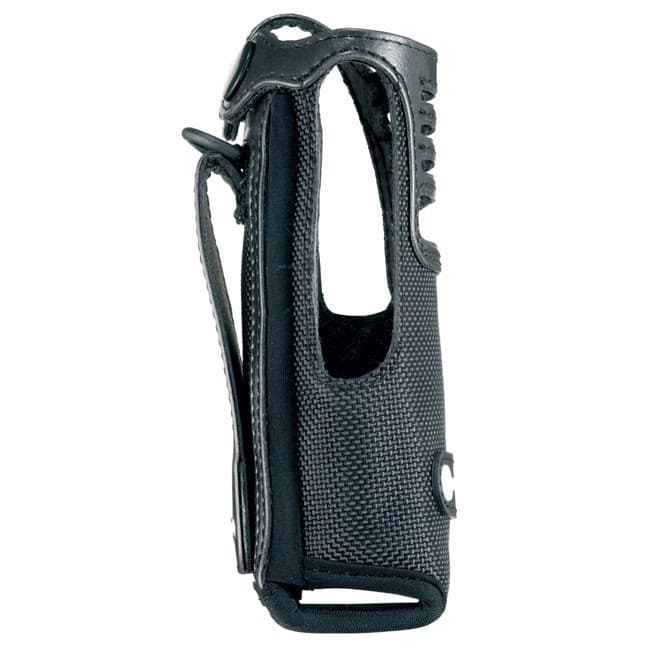 Boční pohled na černé nylonové pouzdro Motorola PMLN5024 s upevňovacím mechanismem a otvory pro pouzdro.
