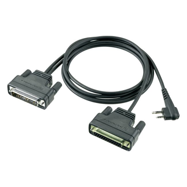 Shora vyfocený programovací a testovací kabel (RIB) Motorola PMKN4004. Viditelné RS232 (s kolíky) a radiový konektor.