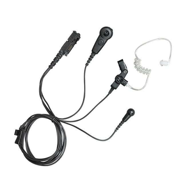 Motorola PMLN6754 sluchátko s průhledným zvukovodem, odděleným PTT tlačítkem a mikrofonem. Detail napájecího konektoru a svorky.