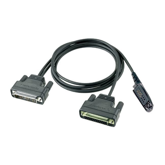Černý programovací a testovací kabel RKN4074 pro GP s dvěma DB25 konektory a jedním speciálním konektorem Motorola pro radiostanici.
