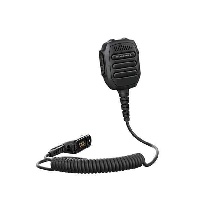 Černý ruční externí reproduktor s mikrofonem Motorola PMMN4131 IMPRES RM730 s krouceným kabelem a konektorem, pohled shora.