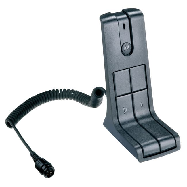 Stolní mikrofon Motorola RMN5106 z pohledu zepředu shora se zatočeným kabelem a 8pinovým konektorem.