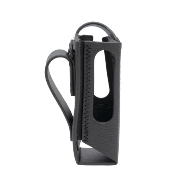 Kožené pouzdro PMLN8304 pro radiostanici Motorola R7 / R7a, pohled z boku ukazuje prošívání a otvory pro tlačítka.