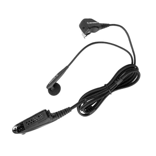 Detailní pohled na sluchátko do ucha Motorola MDPMLN4418, viditelný samostatný mikrofon s PTT a kabel s konektorem.